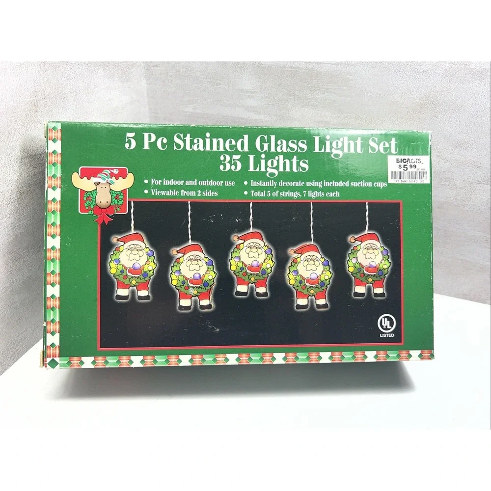 VTG 35 Light 5 PC Plastic Stained Glass Santa Light Set Indoor Outdoor NIB